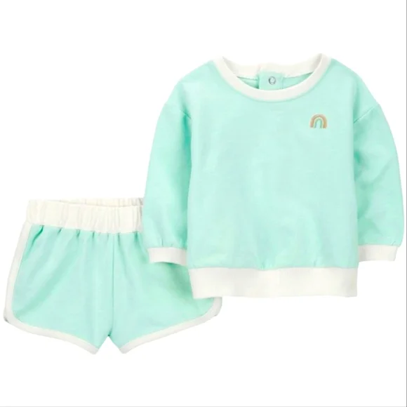 CARTER'S BABY 3M Rainbow Sweatshirt and Shorts, 2 Piece Set Girls NWT "Mint" - Picture 1 of 3